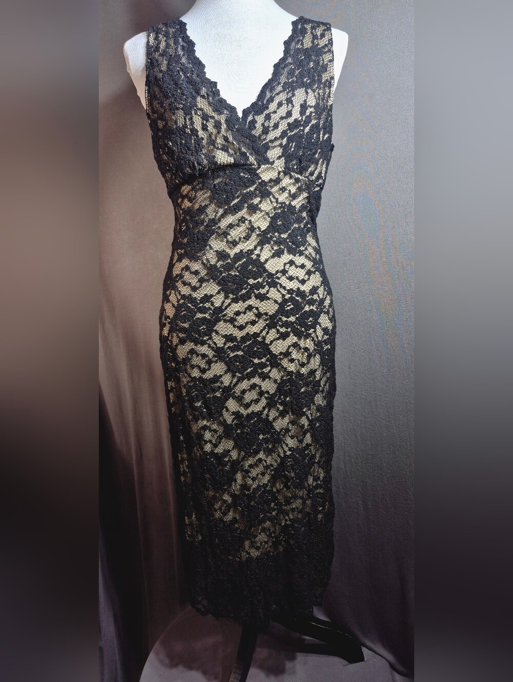 Black Lace Overlay V-Neck Evening Dress